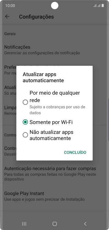 Para ativar a atualização automática de apps via rede celular, você deve pressionar Por meio de qualquer rede. Para ativar a atualização automática de apps via rede celular, você deve pressionar Por meio de qualquer rede.