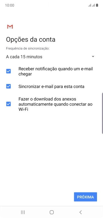 Se a tela mostrar essa imagem, sua conta foi reconhecida e configurada automaticamente. Siga as instruções da tela para inserir mais informações e finalizar a configuração. Se a tela mostrar essa imagem, sua conta foi reconhecida e configurada automaticamente. Siga as instruções da tela para inserir mais informações e finalizar a configuração.