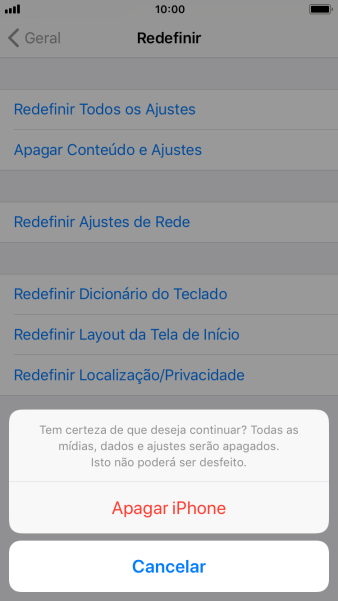 Pressione Apagar iPhone. Aguarde um instante, enquanto o celular restaura as configurações padrão. Siga as indicações do visor para configurar o celular, e deixá-lo pronto para uso. Pressione Apagar iPhone. Aguarde um instante, enquanto o celular restaura as configurações padrão. Siga as indicações do visor para configurar o celular, e deixá-lo pronto para uso.