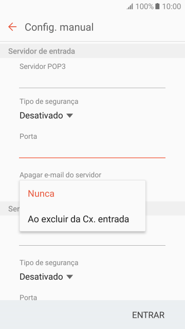 Pressione Nunca para manter os e-mails no servidor, quando você apagá-los do celular. Pressione Nunca para manter os e-mails no servidor, quando você apagá-los do celular.