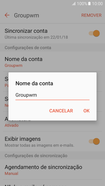 Digite o nome da conta de e-mail, e pressione OK. Digite o nome da conta de e-mail, e pressione OK.