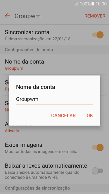 Digite o nome da conta de e-mail, e pressione OK. Digite o nome da conta de e-mail, e pressione OK.