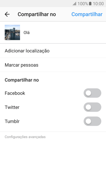 Digite o texto desejado, e pressione Compartilhar. Digite o texto desejado, e pressione Compartilhar.