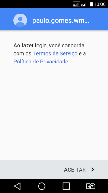 Pressione ACEITAR, e siga as indicações da tela para selecionar as configurações da sua conta Google. Pressione ACEITAR, e siga as indicações da tela para selecionar as configurações da sua conta Google.