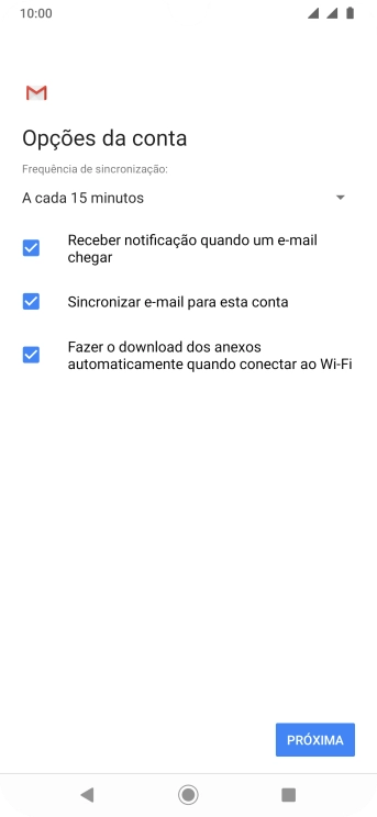 Se a tela mostrar essa imagem, sua conta foi reconhecida e configurada automaticamente. Siga as instruções da tela para inserir mais informações e finalizar a configuração. Se a tela mostrar essa imagem, sua conta foi reconhecida e configurada automaticamente. Siga as instruções da tela para inserir mais informações e finalizar a configuração.