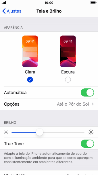 Se você ativar a função, deve pressionar Opções e seguir as instruções na tela para escolher o período desejado para a função de Escuro. Se você ativar a função, deve pressionar Opções e seguir as instruções na tela para escolher o período desejado para a função de Escuro.