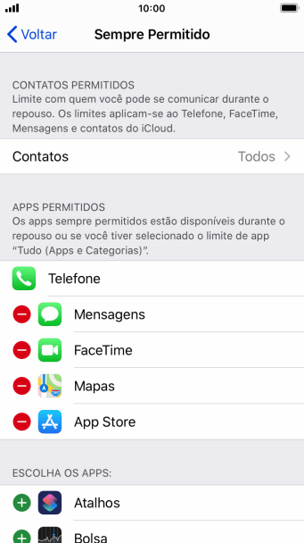 Pressione o ícone de excluir ao lado do app desejado para retirá-lo da lista de apps permitidos no Repouso. Pressione o ícone de excluir ao lado do app desejado para retirá-lo da lista de apps permitidos no Repouso.