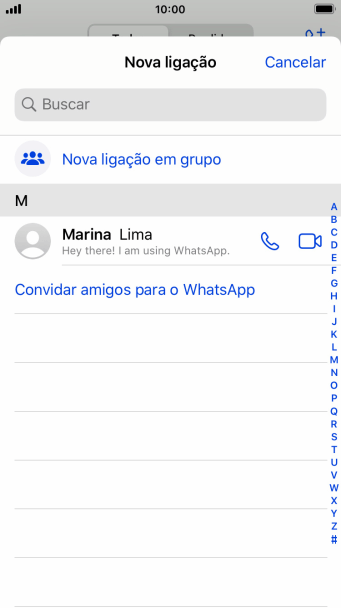 Pressione o campo de busca, e digite as primeiras letras do nome do contato. Pressione o campo de busca, e digite as primeiras letras do nome do contato.