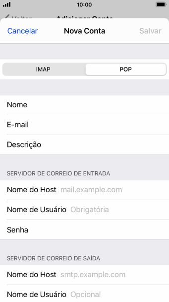 Pressione Nome do Host, e insira o nome do servidor de entrada do seu provedor de e-mails. Pressione Nome do Host, e insira o nome do servidor de entrada do seu provedor de e-mails.