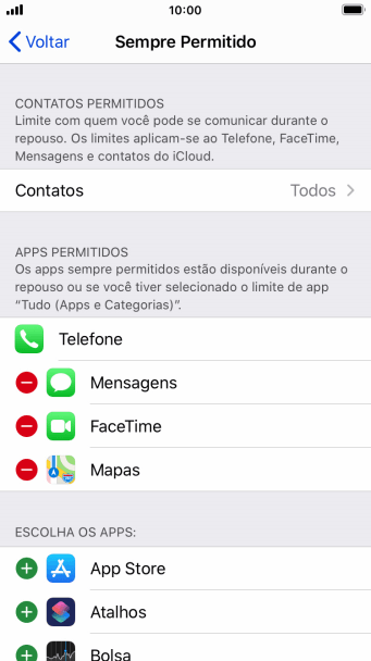 Pressione o ícone de adicionar ao lado do app desejado para adicioná-lo à lista de apps permitidos no Repouso. Pressione o ícone de adicionar ao lado do app desejado para adicioná-lo à lista de apps permitidos no Repouso.