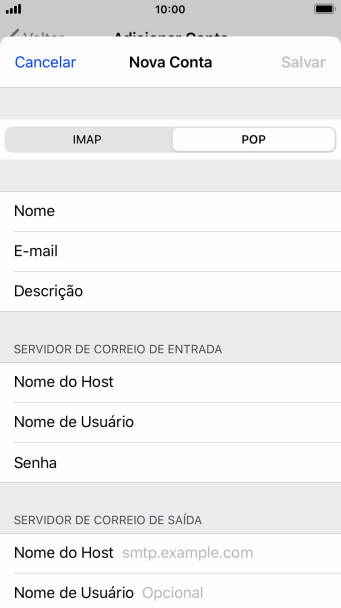 Pressione Nome do Host, e insira o nome do servidor de saída do seu provedor de e-mails. Pressione Nome do Host, e insira o nome do servidor de saída do seu provedor de e-mails.
