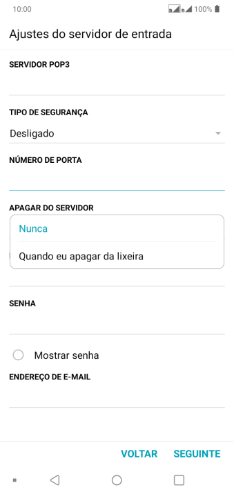 Pressione Nunca para manter os e-mails no servidor, quando você apagá-los do celular. Pressione Nunca para manter os e-mails no servidor, quando você apagá-los do celular.