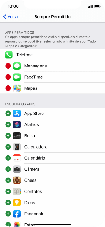 Pressione o ícone de adicionar ao lado do app desejado para adicioná-lo à lista de apps permitidos no Repouso. Pressione o ícone de adicionar ao lado do app desejado para adicioná-lo à lista de apps permitidos no Repouso.
