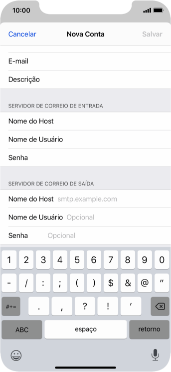 Pressione Nome do Host, e insira o nome do servidor de saída do seu provedor de e-mails. Pressione Nome do Host, e insira o nome do servidor de saída do seu provedor de e-mails.