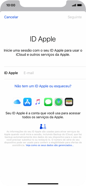 Se você não tiver um ID Apple, deve pressionar Não tem um ID Apple ou esqueceu?, e seguir as instruções da tela para instalá-lo. Se você não tiver um ID Apple, deve pressionar Não tem um ID Apple ou esqueceu?, e seguir as instruções da tela para instalá-lo.
