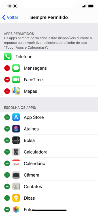 Pressione o ícone de adicionar ao lado do app desejado para adicioná-lo à lista de apps permitidos no Repouso. Pressione o ícone de adicionar ao lado do app desejado para adicioná-lo à lista de apps permitidos no Repouso.