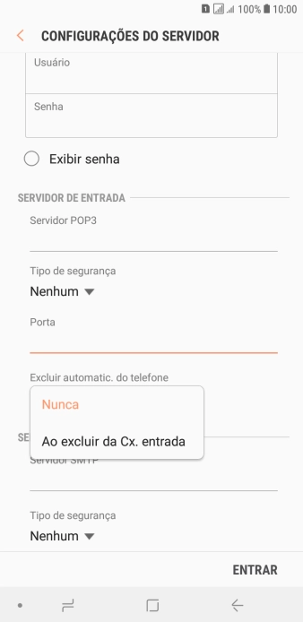 Pressione Nunca para manter os e-mails no servidor, quando você apagá-los do celular. Pressione Nunca para manter os e-mails no servidor, quando você apagá-los do celular.