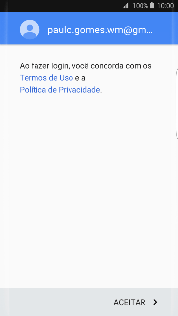 Pressione ACEITAR, e siga as indicações da tela para selecionar as configurações da sua conta Google. Pressione ACEITAR, e siga as indicações da tela para selecionar as configurações da sua conta Google.