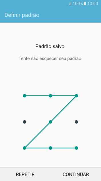 Mova os dedos na tela para conectar pelo menos quatro pontos, e pressione CONTINUAR. Mova os dedos na tela para conectar pelo menos quatro pontos, e pressione CONTINUAR.