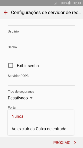 Pressione Nunca para manter os e-mails no servidor, quando você apagá-los do celular. Pressione Nunca para manter os e-mails no servidor, quando você apagá-los do celular.