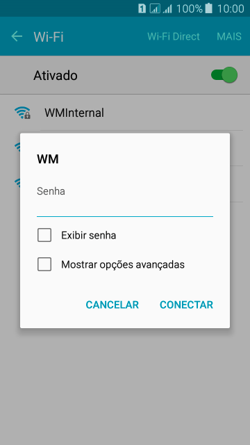 Digite a senha da sua conta da rede Wi-Fi, e pressione CONECTAR. Digite a senha da sua conta da rede Wi-Fi, e pressione CONECTAR.