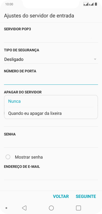 Pressione Nunca para manter os e-mails no servidor, quando você apagá-los do celular. Pressione Nunca para manter os e-mails no servidor, quando você apagá-los do celular.