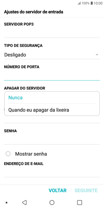 Pressione Nunca para manter os e-mails no servidor, quando você apagá-los do celular. Pressione Nunca para manter os e-mails no servidor, quando você apagá-los do celular.