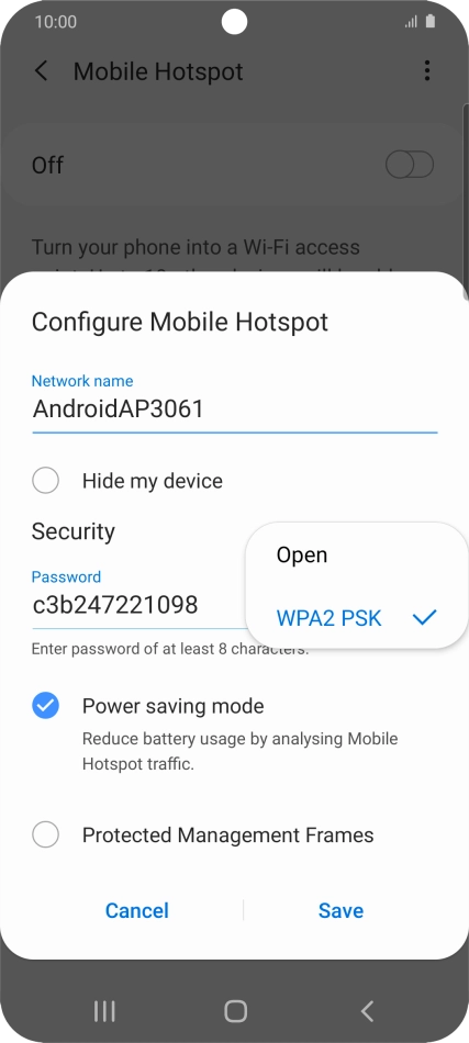 Press WPA2 PSK to password protect your Wi-Fi hotspot. Press WPA2 PSK to password protect your Wi-Fi hotspot.