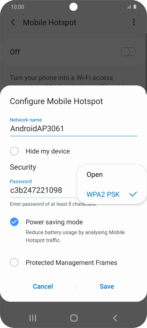 Press WPA2 PSK to password protect your Wi-Fi hotspot. Press WPA2 PSK to password protect your Wi-Fi hotspot.