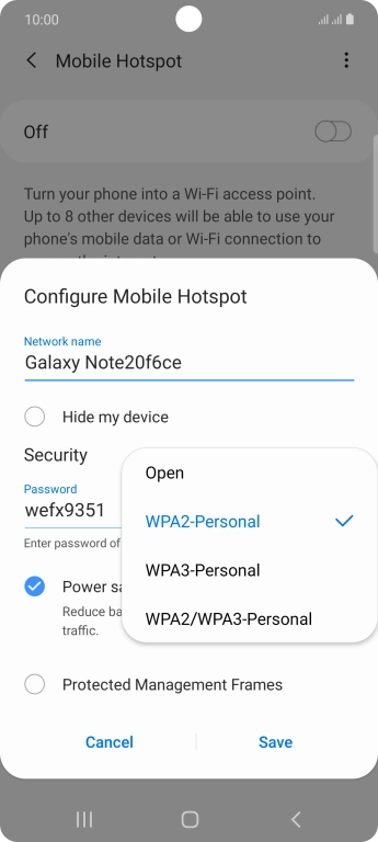 Press WPA2-Personal to password protect your Wi-Fi hotspot. Press WPA2-Personal to password protect your Wi-Fi hotspot.
