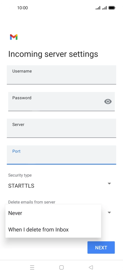 Press Never to keep email on the server when you delete them on your phone. Press Never to keep email on the server when you delete them on your phone.