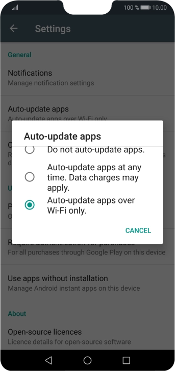 To turn on automatic update of apps using mobile network, press Auto-update apps at any time. Data charges may apply.. To turn on automatic update of apps using mobile network, press Auto-update apps at any time. Data charges may apply..
