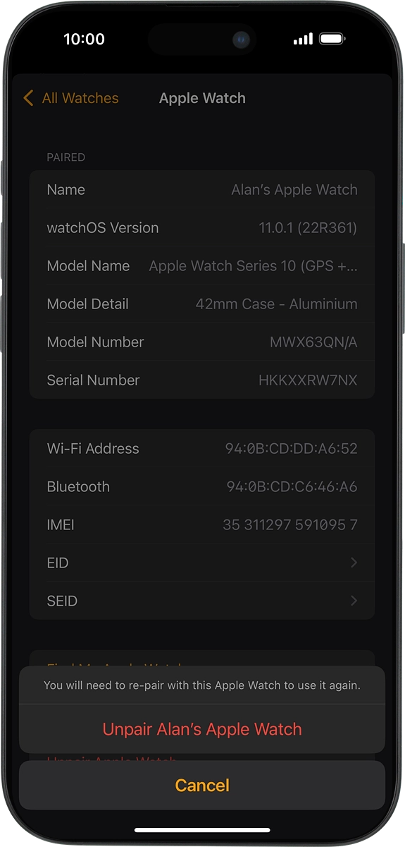 On your phone: Press Unpair Apple Watch and follow the instructions on the screen to unpair your Apple Watch and your phone. When prompted, key in the password for your Apple ID. On your phone: Press Unpair Apple Watch and follow the instructions on the screen to unpair your Apple Watch and your phone. When prompted, key in the password for your Apple ID.