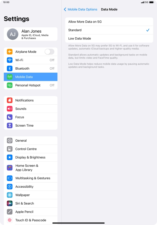 Press the required setting to turn the function on or off. Press the required setting to turn the function on or off.