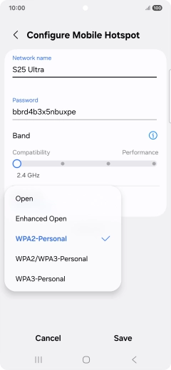 Press WPA3-Personal to password protect your Wi-Fi hotspot. Press WPA3-Personal to password protect your Wi-Fi hotspot.
