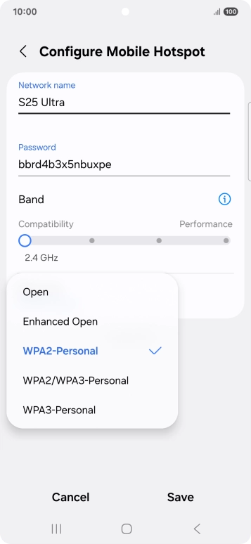 Press WPA3-Personal to password protect your Wi-Fi hotspot. Press WPA3-Personal to password protect your Wi-Fi hotspot.
