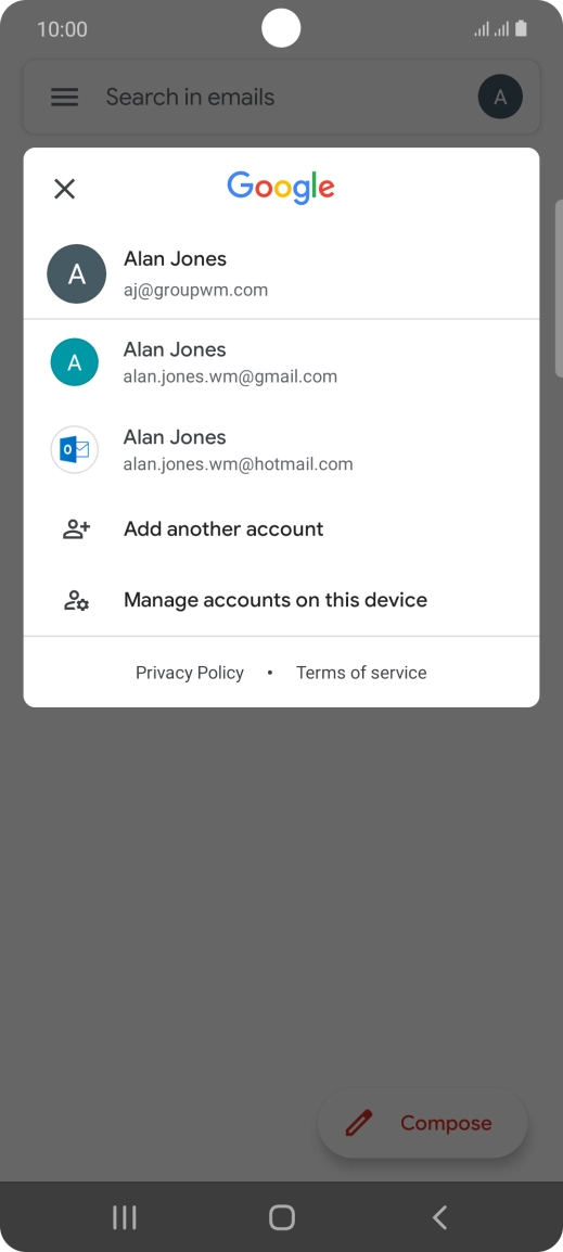 Press the required email account. Press the required email account.