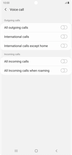 Press the indicator next to the required barring type to turn the function on or off. Press the indicator next to the required barring type to turn the function on or off.