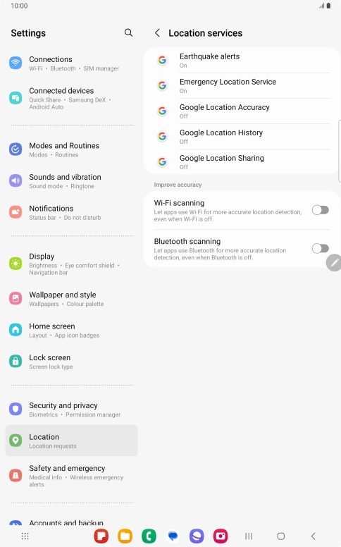 Press Google Location Accuracy. Press Google Location Accuracy.