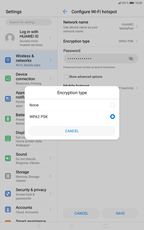 Press WPA2 PSK to password protect your Wi-Fi hotspot. Press WPA2 PSK to password protect your Wi-Fi hotspot.