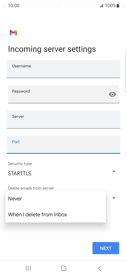 Press Never to keep email on the server when you delete them on your phone. Press Never to keep email on the server when you delete them on your phone.