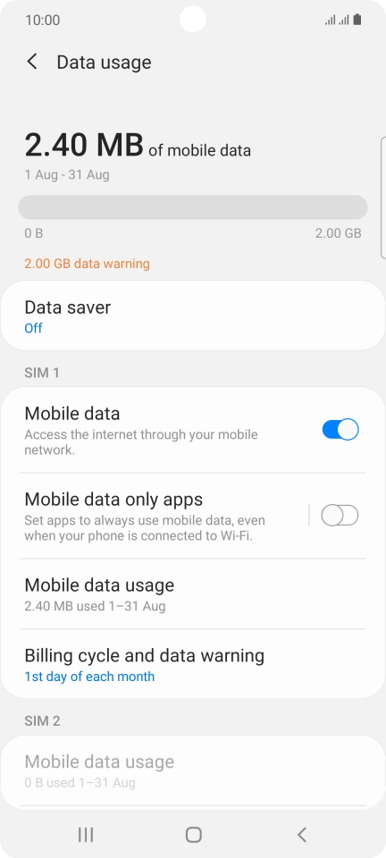 The total data usage is displayed. The total data usage is displayed.