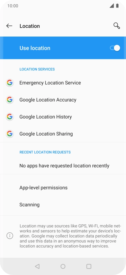 Press Google Location Accuracy. Press Google Location Accuracy.