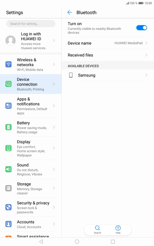 Press the required Bluetooth device and follow the instructions on the screen to pair the device with your tablet. Press the required Bluetooth device and follow the instructions on the screen to pair the device with your tablet.