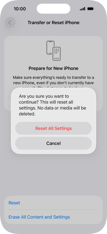 Press Reset All Settings. Wait a moment while the factory default settings are restored. Follow the instructions on the screen to set up your phone and prepare it for use. Press Reset All Settings. Wait a moment while the factory default settings are restored. Follow the instructions on the screen to set up your phone and prepare it for use.