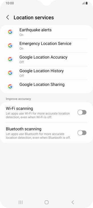 Press Google Location Accuracy. Press Google Location Accuracy.