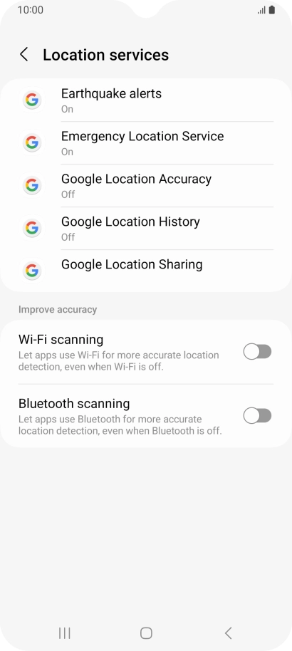 Press Google Location Accuracy. Press Google Location Accuracy.