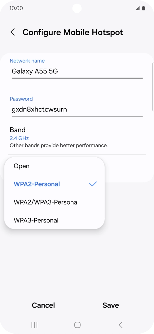 Press WPA3-Personal to password protect your Wi-Fi hotspot. Press WPA3-Personal to password protect your Wi-Fi hotspot.
