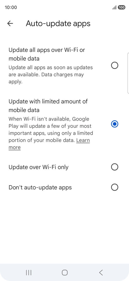 To turn on automatic update of apps using mobile network, press Update all apps over Wi-Fi or mobile data. To turn on automatic update of apps using mobile network, press Update all apps over Wi-Fi or mobile data.