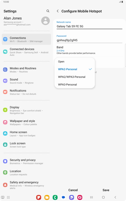 Press WPA3-Personal to password protect your Wi-Fi hotspot. Press WPA3-Personal to password protect your Wi-Fi hotspot.